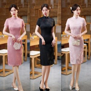 Fashion Acetate Jacquard Mid-Length Double Layer Short Sleeve Robe Qi Pao Spring and Summer New Retro National Style Cheongsam