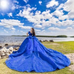 Luxury Royal Blue Shiny Ball Gown Quinceanera Dresses Off The Shoulder Beads Bow Birthday Party Gown Sweet 16 Dresses Vestidos