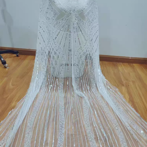 Gorgeous Heavy Shining Sequins Lace Straight Lines Beaded Fabric With Pearls Wedding Dress Lace