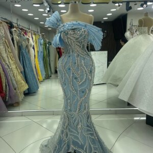Gorgeous Pearls Beaded Dubai Formal Party Dress Blue Crystal Mermaid Evening Occasion Gowns Elegant Engament Vestidos de festa
