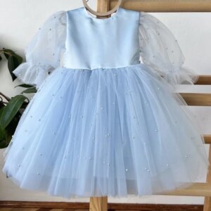 Custom made Birthday Party Holy Communion Gowns Flower Girl Dresses Blue Tulle Puffy Pearls With Bow Long Sleeve For Wedding