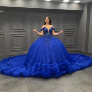 Royal Blue Glitter Ball Gown Quinceanera Dresses Off The Shoulder Beads Crystal Tull Tiered Party Birthday Sweet 16 Dress Vestid
