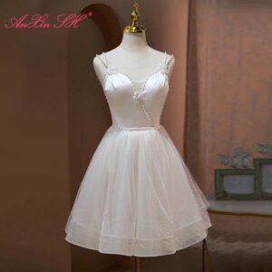 AnXin SH princess white rose flower satin lace spaghetti strap beading pearls short customized evening dress little white dress