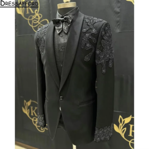 Black Men Suits Handmade Pearls Beading Groom Wedding Tuxedos 2 Pieces Sets Dinner Prom Blazers Terno Masculino Completo