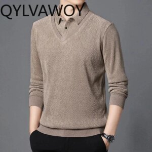 QYLVAWOY Pullover Men Clothing Autumn Winter Tops Business Causal Top Thickened Warm Pullovers Knitwear Fake Two Pieces 2025