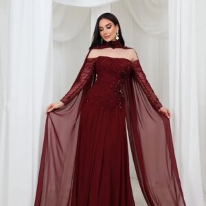 Burgundy Saudi Long Sleeve Prom Dresses Sparkly Crystal Off Shoulder Warp Cape Customsized Arabic Evening Bride Wear Garment