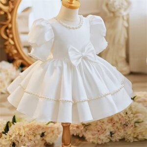 Satin Princess Puff Sleeve Flower Girl Dresses With Big Bow Pearls Luxury O-neck A-line Ruffles Ball Gown Wedding Party Dress