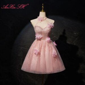 AnXin SH princess halter pink flower sparkly lace sleeveless beading crystal short customized evening dress little pink dress