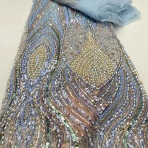 Nigerian Luxury Beaded Tulle Embroidery Lace Fabric, French Heavy Handmade Sequins, Net Lace Fabric for Bridal Dress, Fashion