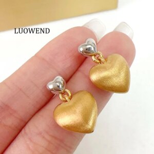 LUOWEND 100% 18K White+Yellow Gold Earrings Elegant Heart Shape Gentle Style Stud Earrings for Women High Wedding Jewelry