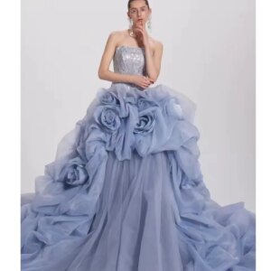 Dreamlike Blue 2 Pieces Long Formal Party Dresses Lace Up Back Bloom Maxi Gowns Floral Wedding Bridal Dresses Sparkle Lace
