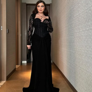 Sweetheart Evening Dresses Black Mermaid Long Sleeves Prom Dresses Pleated Lace Side Split Floor Length Party Customized