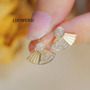 LUOWEND 100% 18K Yellow Gold Earrings Elegant Fan Shape 0.30carat Real Natural Diamond Stud Earrings for Women Wedding Jewelry