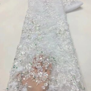 Fashion French Mesh 3D Flowers Embroidery Beadeds Lace Fabric With Sequins African Nigerian Fabric For Wedding Dress Sewing