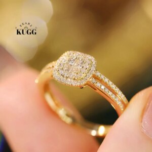 KUGG 100% 18K Yellow Gold Rings Fashion Square Design 0.40carat Real Natural Diamond Engagement Ring for Women Wedding Jewelry