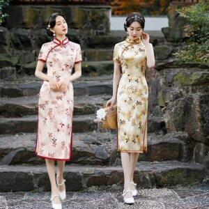 High Quality Real Silk Cheongsam Qipao Summer 2024 New Women’s Retro Short Sleeve Improved Young Dress Mid-Length Formal