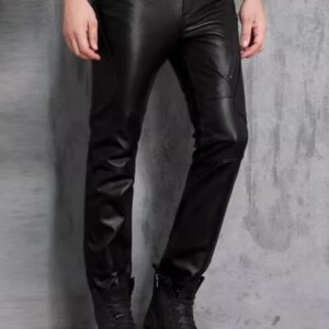 Mens Slim Fit Sheepskin Genuine Leather Pencil Pants Autumn Winter Windproof Motorcycle Riding Pants Long Trousers Punk Pants