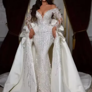 Customized Mermaid Luxury V-Neck Applique Beaded Wedding Dress Lace Long Sleeves With Detachable Hemline Princess Bride Dress