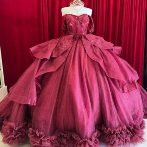 Red Princess Quinceanera Dresses Off Shoulder Applique Flower Beads Tull Corset Sweet 16 Dress Ball Gown Vestidos 15 Anos