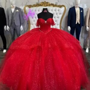 Customized Glittering Red Quinceanera Dress With Bow Beading Crystal Off-Shoulder Birthday Party Princess Vestidos De 15 Anos