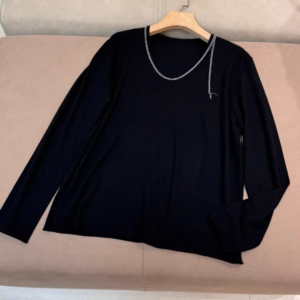 Bead Chain Women 100% Wool Sweater 2025 New V-Neck Long Sleeve Solid Color Fashion Female Knitted Pullover