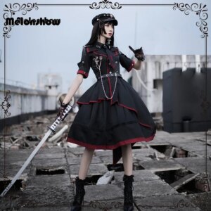 Melonshow Military Uniform Dress Black Japanese Gothic Lolita Skirt Victorian Dresses Women Kawaii Princess Dress
