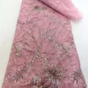 Luxury African Fabris 5 Meters 2025 Latest Handmad Bead Lace Fabric Sequins Pink Lace Fabric With Sequin For Sewing Dress W625-1