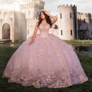 Luxury Pink Mexican Quinceanera Dressess Applique Lace Beads Tull Corset Prom Lace Up Sweet 16 vestido 15 quinceañeras