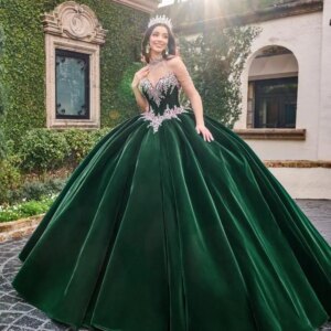 Customized blackish green nylon V-neck Off Shoulder rhinestone Quinceanera applique vestidos de 15 Quinceanera 