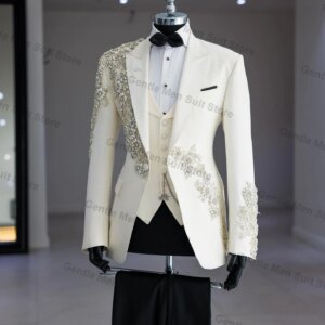 Pearls White Men Suits Set 3 Piece Blazer+Vest+Black Pant Office Prom Groom Wedding Tuxedo Coat Tailored Made Business Jacket