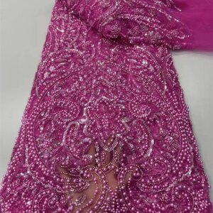 Latest Lace Fabric High Quality 2025 High Quality Nigerian Party Lace Fabric Black African Lace Beaded Sequins Lace Dress Q386-1