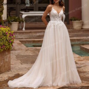 Elegant Boho Wedding Dress strap lace applique bride dress robe de mariee A line Wedding Bridal Gown