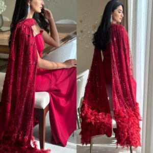 Customized Exquisite High collar A-line Beading Sequined Tulle Feathers Ankle-Length Satin Bespoke Occasion Dresses Evening