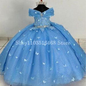 Sky Blue Fantasy Ball Gowns Prom Dress One Shoulder Butterfly Applique Flower Girl Dresses Masquerade Ball Gowns Customised