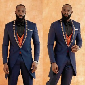 Vintage Appliques Men Wedding Suits Shawl Lapel Tuxedos Groom Wear 2 Pcs Long Jacket Pants Prom Evening Party Customized