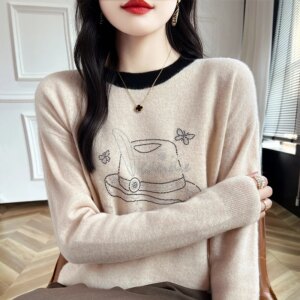 Women’s Woolen Sweater Wool Sweater Autumn and Winter New Bottoming Shirt round Neck Loose Color Matching Sweate