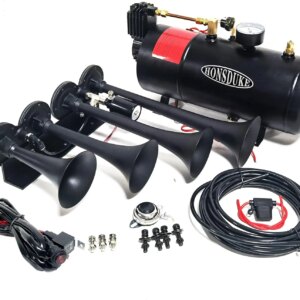 Kit for Trucks/Car/Semi. Complete Onboard System of 150psi Air Compressor, 1 Gallon Tank, 4 Trumpets