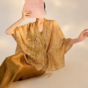 New style Chinese design sense embroidered beads light luxury gold rayon loose blouse women