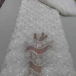 White Latest Nigerian Beaded Lace Fabric With Sequins 2025 High Quality Lace African Lace Fabric For Wedding Dress 5Yards A812-1
