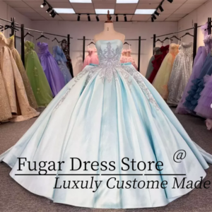 Customized Satin Sky Blue Princess Quinceanera Dresse Luxuly applique embroidery Detachable bow tie Gown Vestidos De Novias