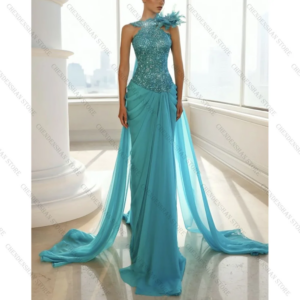 Blue High Neck A-Line Slit Prom Dress Fashion Party Floor Length Lady High-end Formal Evening Gowns