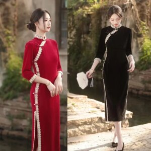 Old Shanghai Retro Ethnic Style Middle-Aged and Elderly Women Long 3/4 Sleeves Cheongsam Qi Pao Autumn New