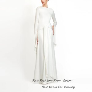 Elegant Long Evening Dresses White Cocktail Party Prom Gown Floor-length Vestidos De Fiesta O-Neck Puff Sleeve Cocktail Dress