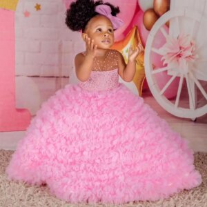Luxury Pink Flower Girl Dresses Beaded Birthday Party Dress Tiered Tulle Ruffles Princess Gowns for Photoshoot