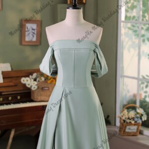 ZhuiShu Luxury Mint Green Evening Dresses Illusion Beads Photos Shoot Satin Dress Customized Off Shoulder Bride Party Gown