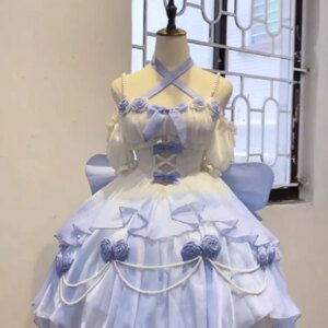 Gradient Blue Light Hollow-out Front Short Back Length Thin and Glittering Lolita Dress Skirt