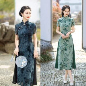 Modified Long Type Cheongsam Qi Pao Spring and Summer New Flocking Jacquard Middle-Aged Elderly Daily