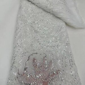 African White Beaded Lace Fabric 2025 High Quality Groom Nigerian Wedding Bridal Sequins Embroidery French for Dresses 5Y Q221-1