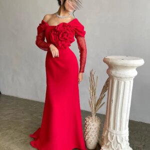 Customized Mermaid Red Prom Dresses Long Sleeves Pleated Flowers Evening Dresses Floor Length Formal Party Dresses