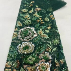 Elegant African Lace Fabric High Quality 2025 Embroidered Dubai Green Fabric African Beads Lace Fabric for Party Dress Q493 -1